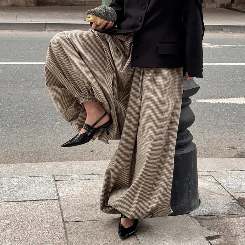 Vintage Plaid Lantern Pants For Women Lightweight Breathable Wide Leg Loose Casual Trousers Perfect For Autumn Streetwear Style