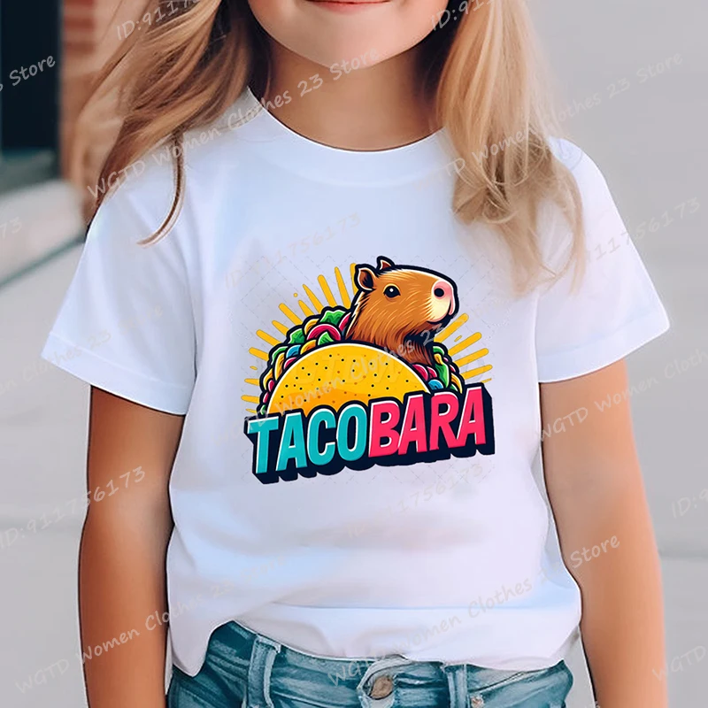 

Capybara Tacobara Print Tee Shirt Summer Short Sleeve Round Neck T Shirts Cute Children Loose T-shirt Creative Personalized Tops