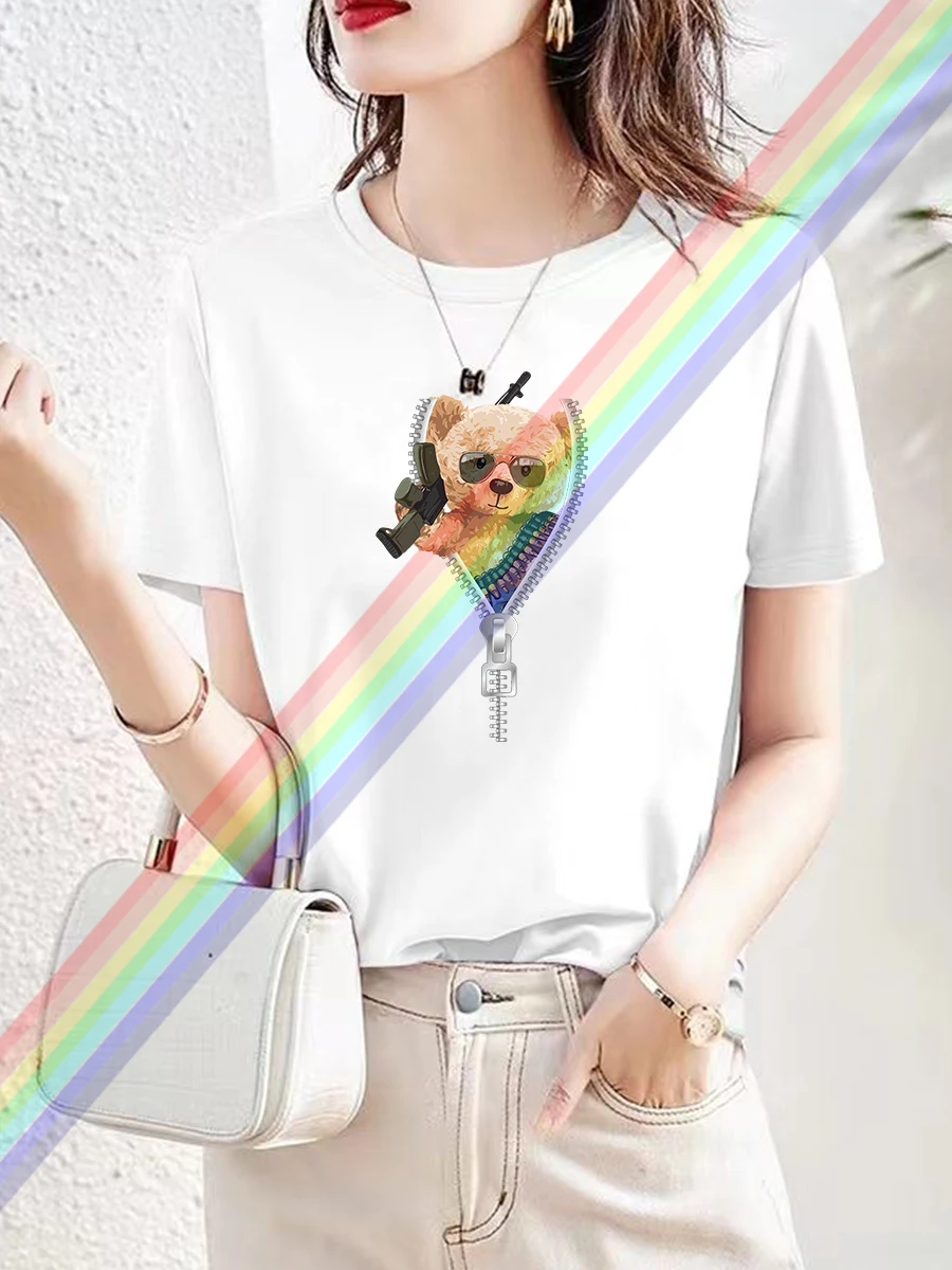 Summer women's 3D bear print loose oversized casual round neck short sleeved T-shirt top Sports Fashion Casual Explos