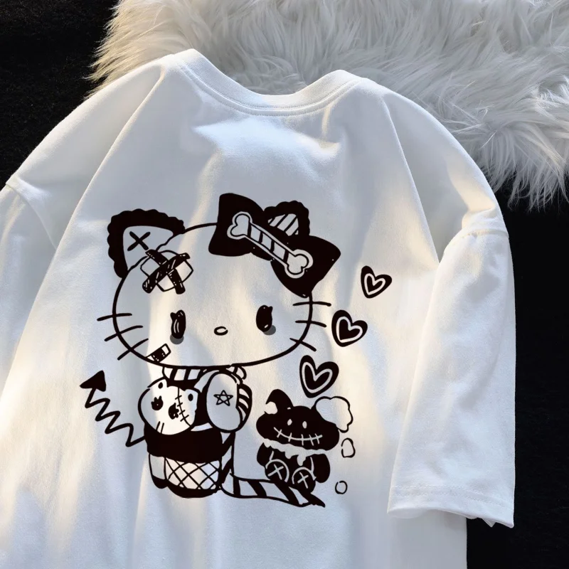 Summer Japanese Sanrio Cartoon Print Hellokitty White Graphic T Shirts Short-sleeve Soft Girl Student Y2k Top Women Clothes