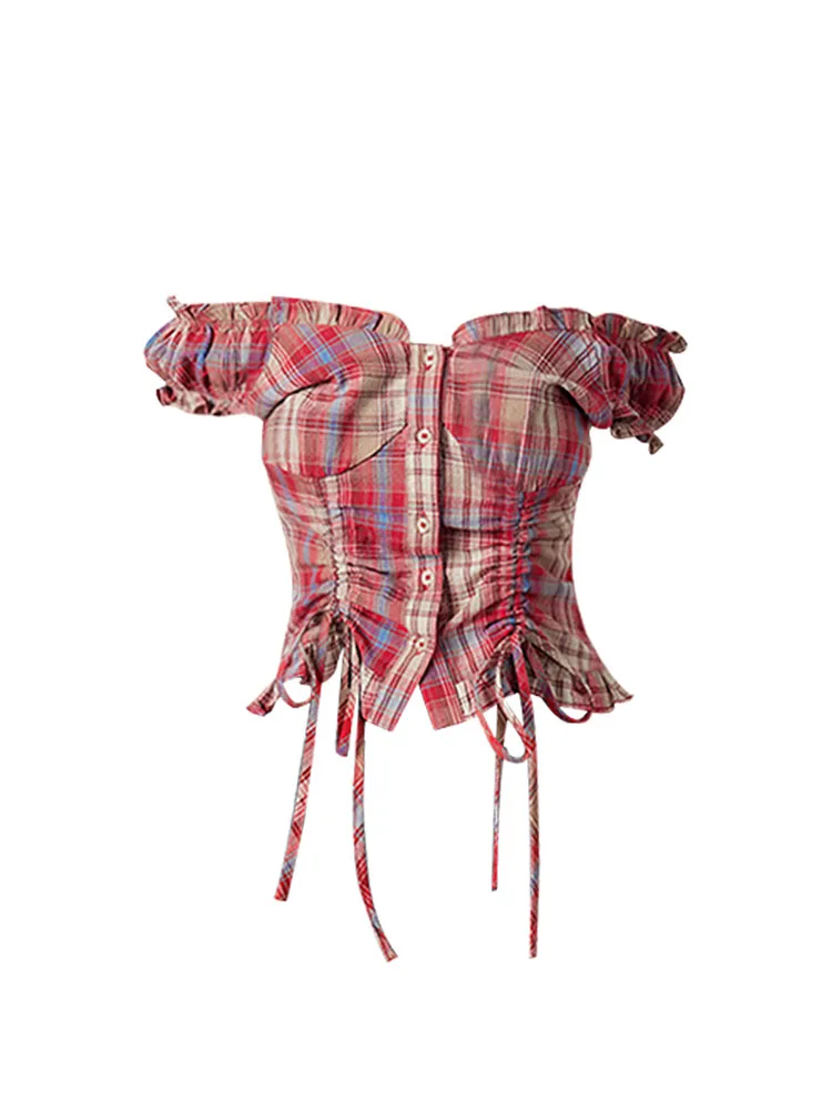 

French Elegance Plaid Blouses Women Sexy Spring Summer Simple Slash Neck Shirts Basic Casual Slim Crops Top Shirring New Design