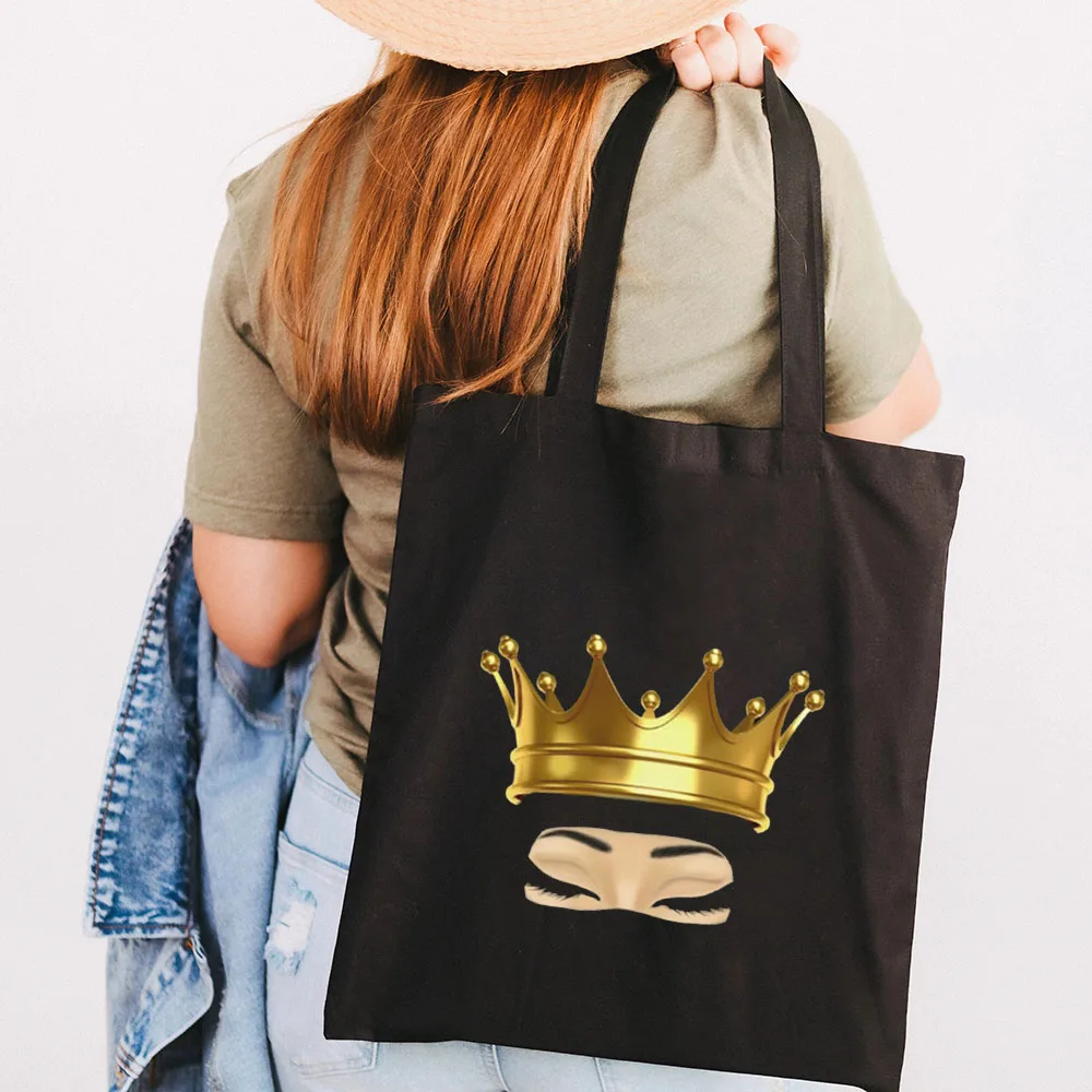 Arabic Woman Crown Hijab Face Muslim Islamic Eyes Covers Canvas Shoulder Harajuku Handbags Totes Eco Shopper Black Shopping Bags