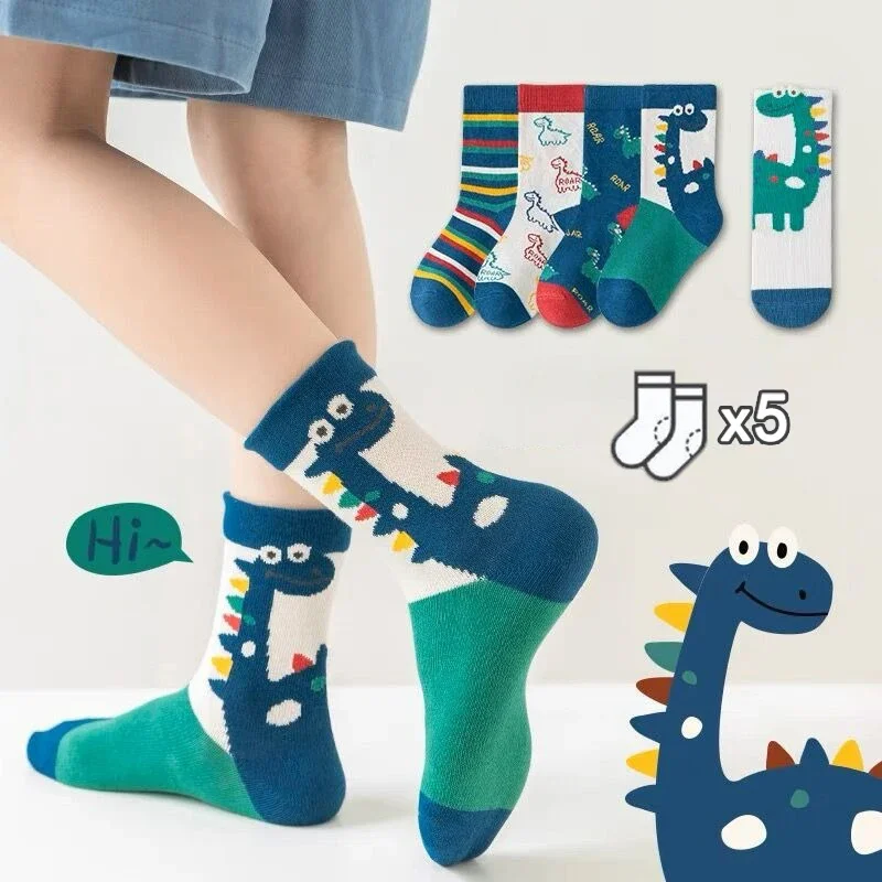 5 Pairs Autumn Winter New Style Children\'s Socks Mid-high Long Dinosaur Cartoon Design Boys Girls Baby Cartoon Socks Wholesale