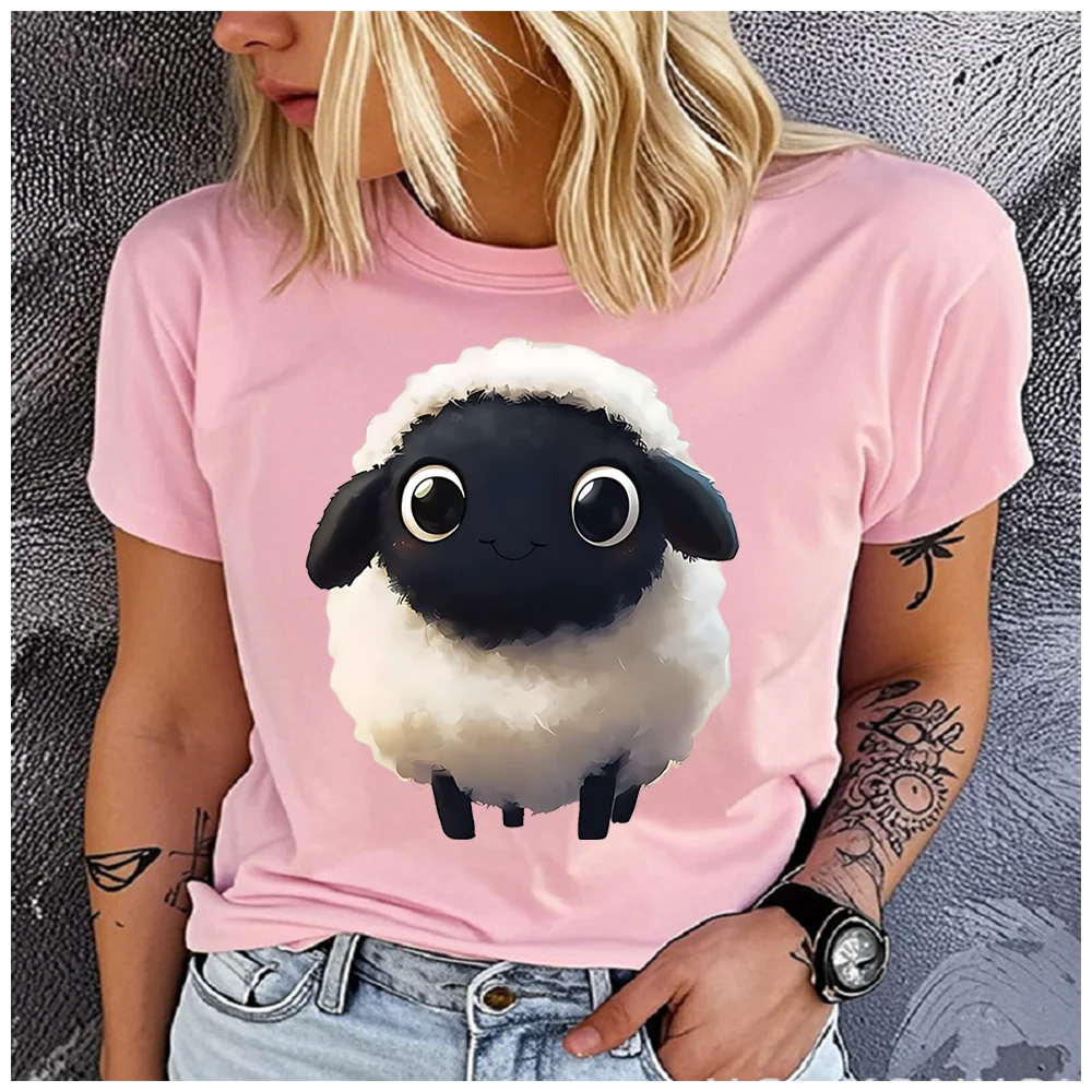 100% Cotton Cute Cartoon Black Face Sheep Print Women T Shirt Kawaii Animal Graphic Tee Casual Short Sleeve Summer Ladies Top