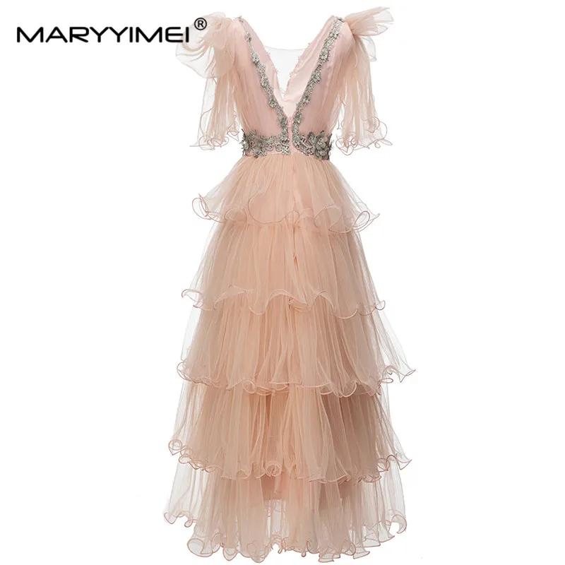 MARYYIMEI Shawl Sleeve V-Neck Mesh dress Spring Summer Fashion Applique Embroidery Women's Cake Layer Banquet Long Dresses