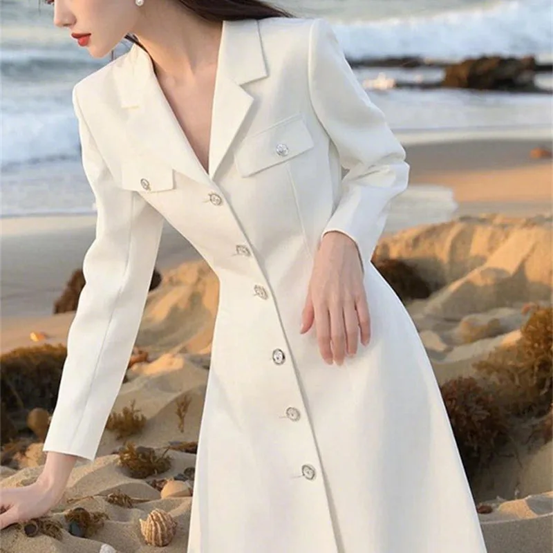 2025 New Elegant White Dress Fashion Spring Autumn Women's Single Breasted Slim Shirt Dresses Korean Women Receive High Praise