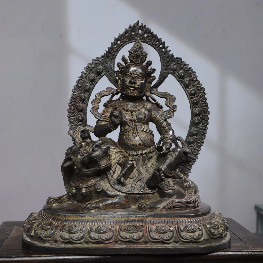 

13"Tibetan Temple Collection Old Bronze Cinnabar Mud gold Vaisravana Treasure King Sitting Buddha Backlight Worship Hall