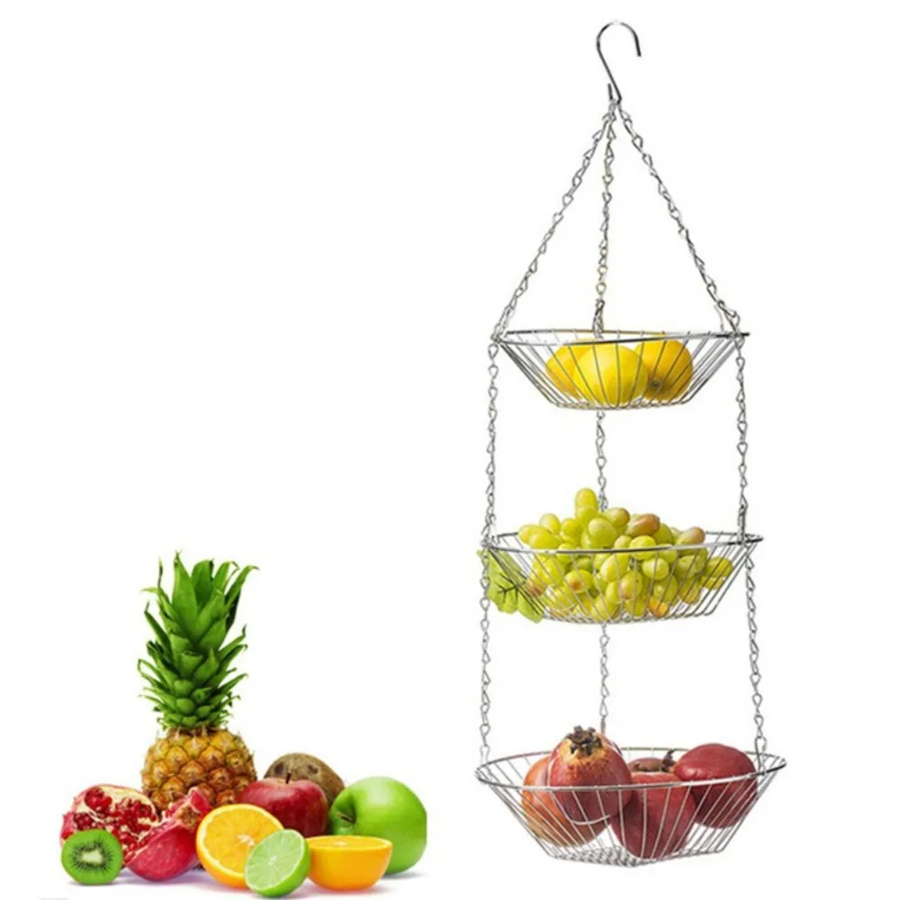 

Foldable Hanging Fruit Basket Three Tier Nordic Snacks Storage Basket Iron Wire Wall Hanging Flowers Basket Storage Rack