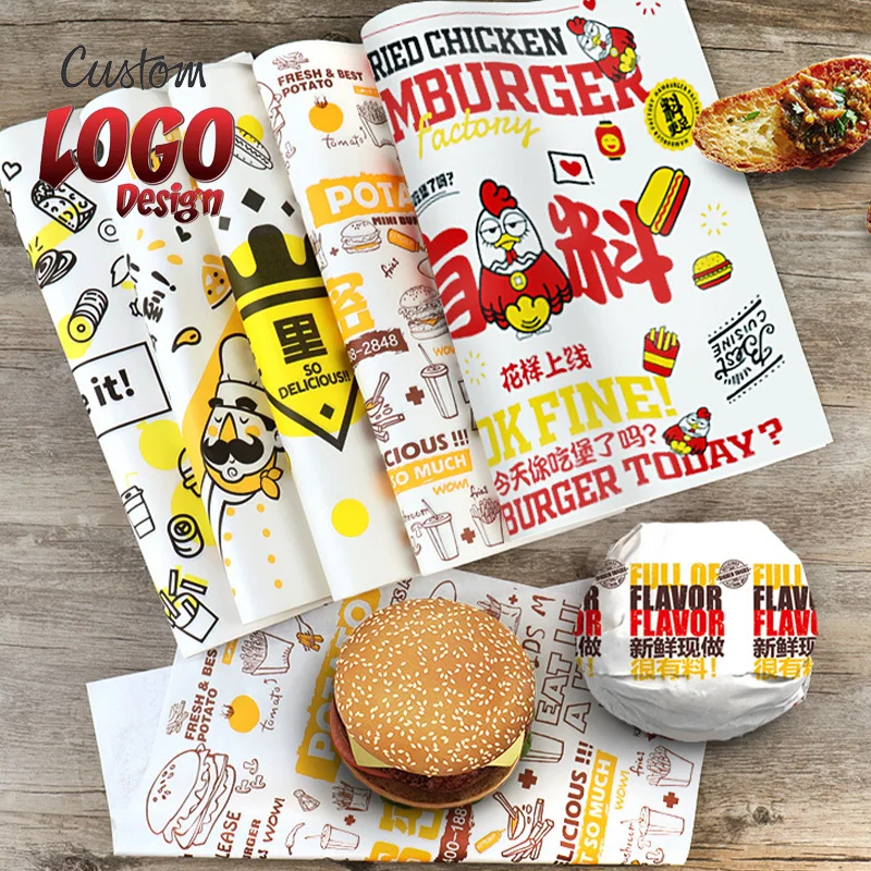 Custom Logo Printed PE Coated Meat Hamburger Frie Burger Sandwich Wrap Wax Sheets Food Wrapping Greaseproof Paper Wax Paper