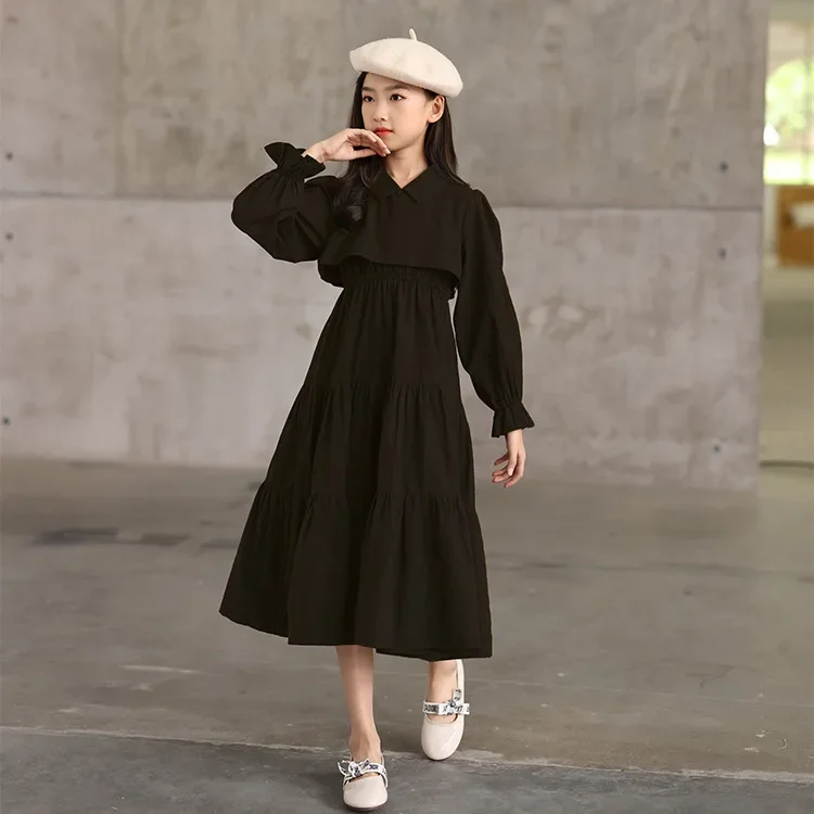 Teen Girls Elegant Long Shirt Dress 2023 Spring  Sleeve Black Cotton Party  Muslim Clothes 8 10 12 13 14  Years Girls Clothes