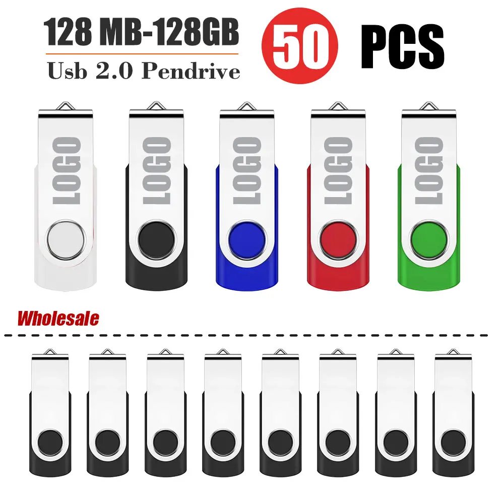 

50PCS Rotatable Colorful USB 2.0 Flash Drive 64GB 32GB Creative Gift Memory Stick 16GB Silver Clip Pen Drive 8GB U Disk 4GB 2GB