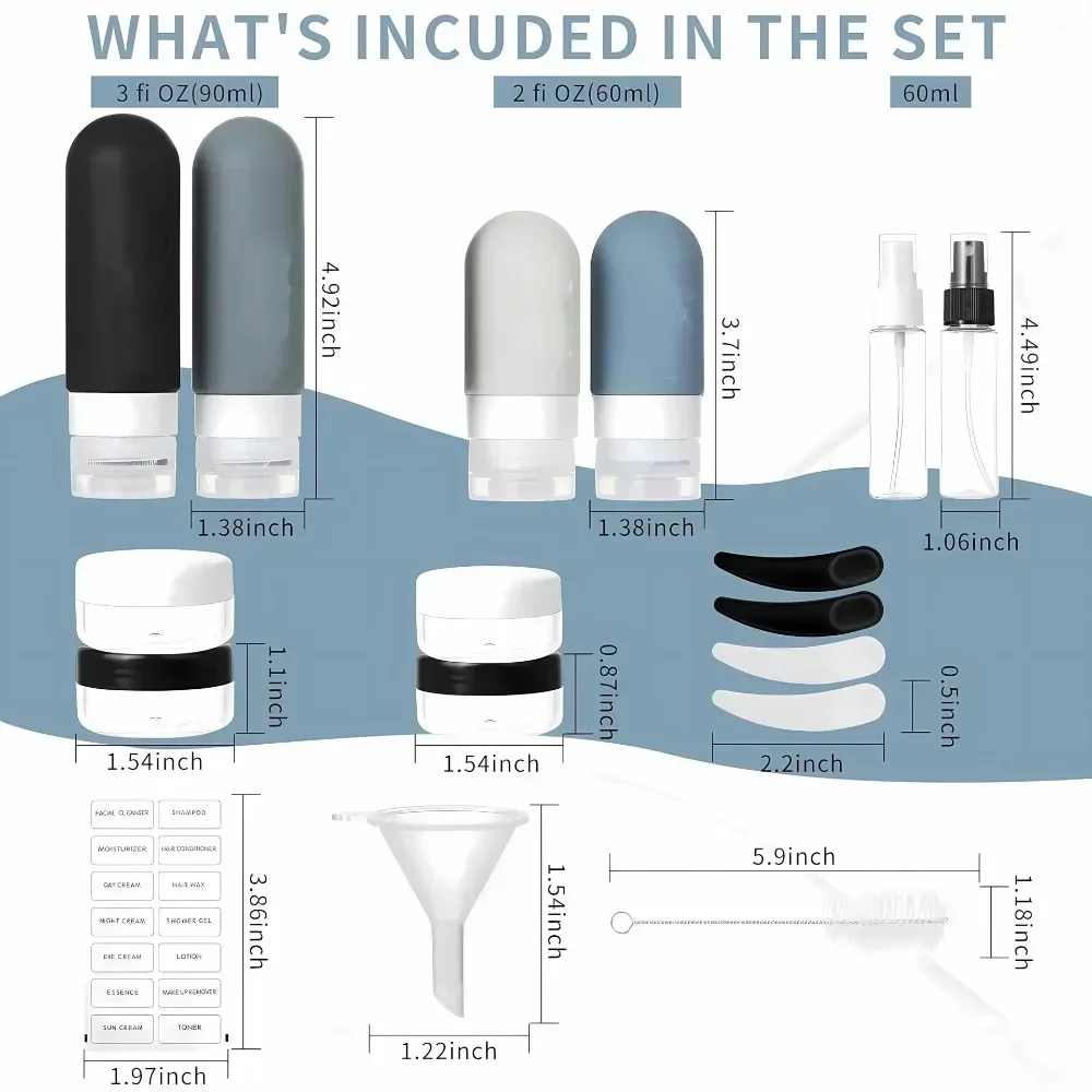 17-teiliges Reiseflaschen-Set, auslaufsicherer Behälter, tragbar, nachfüllbar, für Toilettenartikel, Shampoo, Spülung, Lotion, Flüssigkeit, leere Flaschen