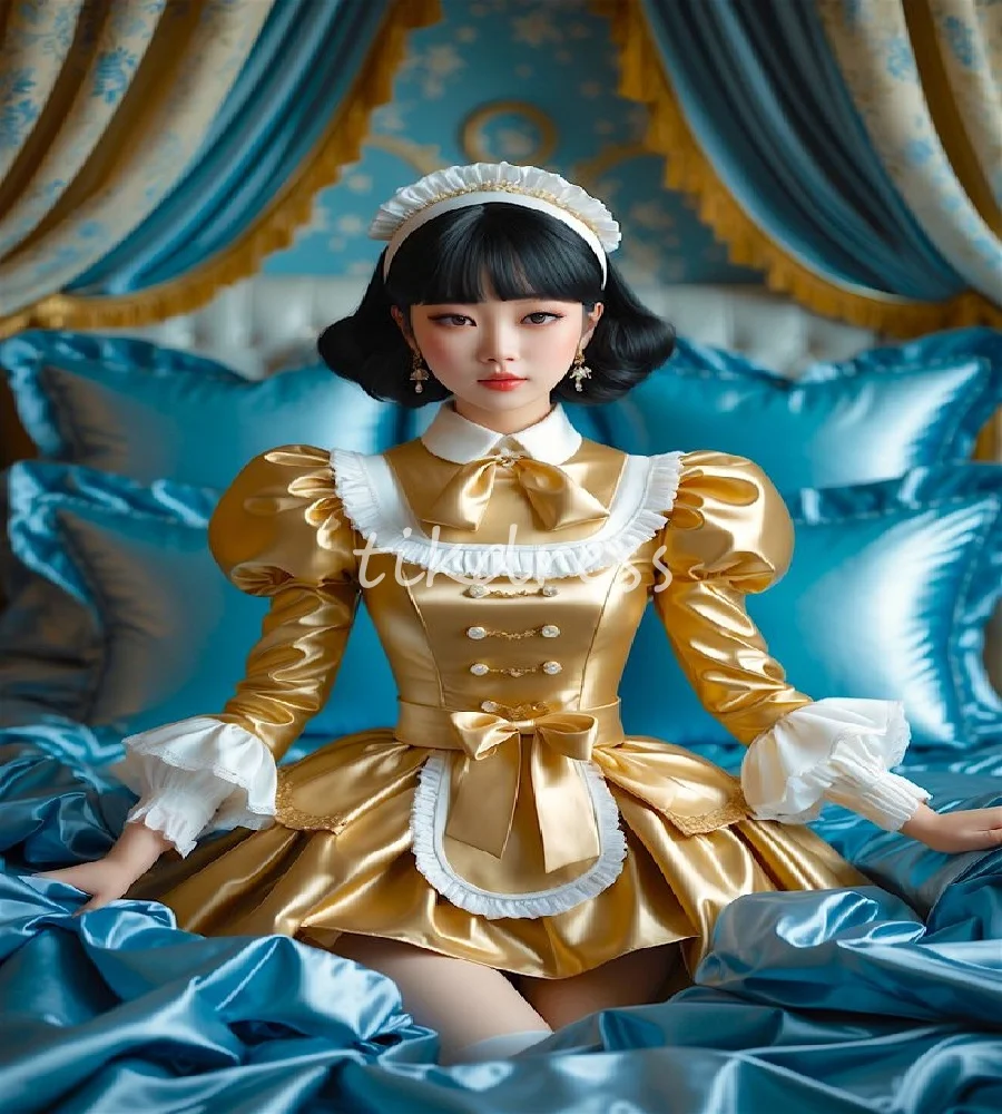 

Викторианское золотое платье горничной, 2025 г., элегантное мини-короткое вечернее платье с длинными рукавами и высоким воротом, корейское платье для косплея, вечернее платье по индивидуальному заказу