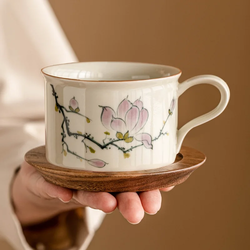 Hand-painted Magnolia Coffee Cup and Saucer Set Latte Cup Exquisite High-end Afternoon Tea Ceramic Mug