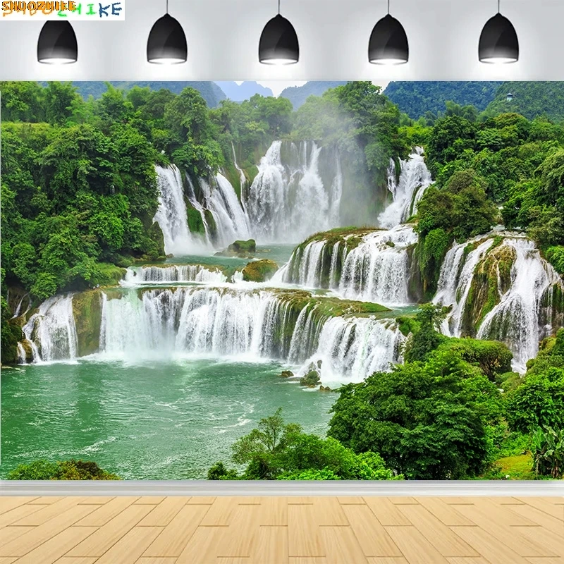

Fresh Blue Natural Waterfall Beauty Lake Photography Backdrops Grass Landscape River Beach Park Cove Photo Background PB-07