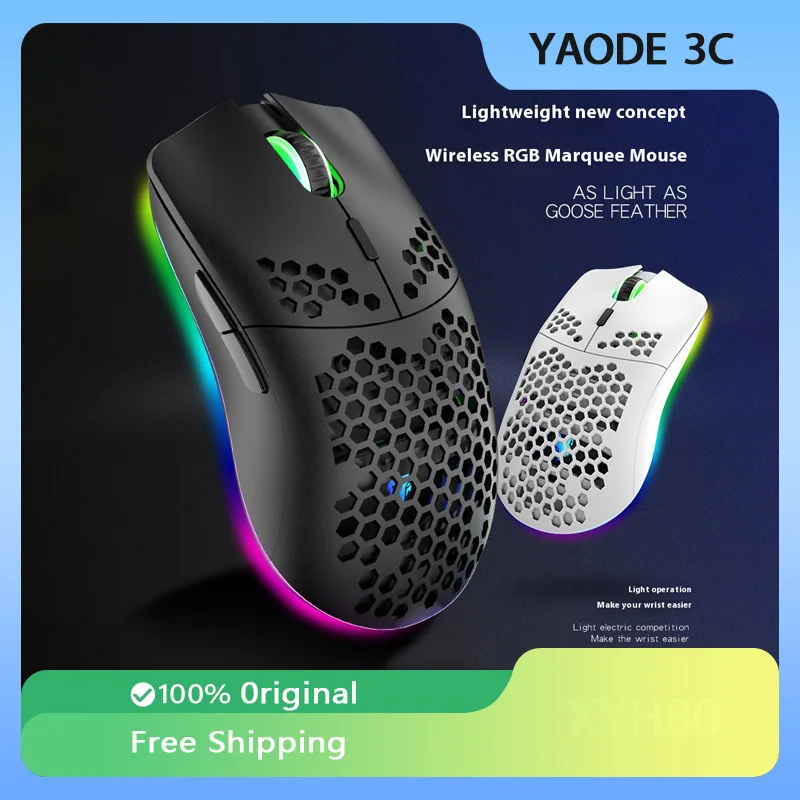 XUNFOX XYH80 Hollow Hole recarregável sem fio Mouse, RGB Light-Emitting, Computador, Escritório, Lightweight, Jogos de esportes eletrônicos, Acessórios