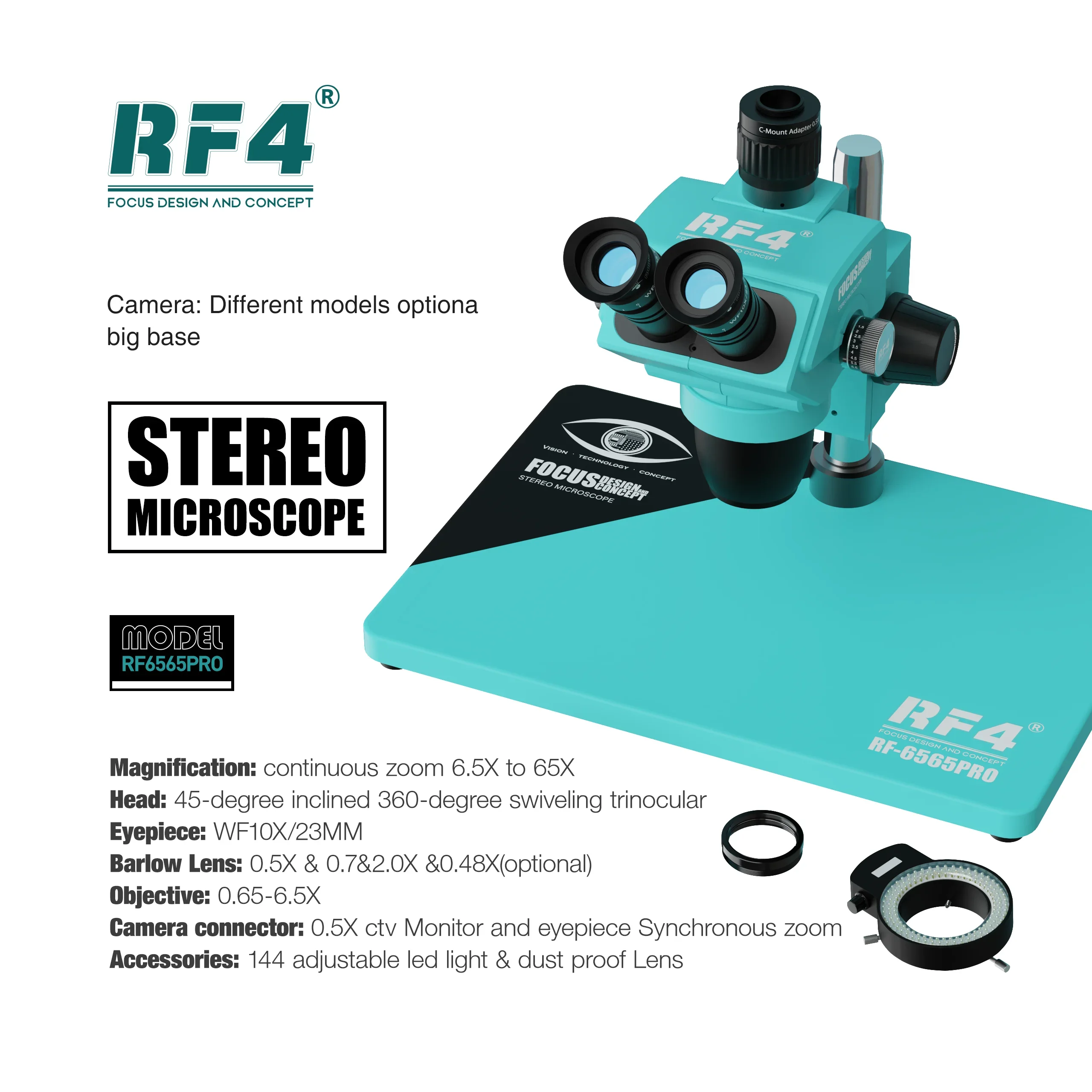 RF4 HD Trinocular Stereo Microscope RF-6565PRO Nine-speed Zoom Lock Key, Eyepiece Adjustable，Multi-layer Lens Dust Structure