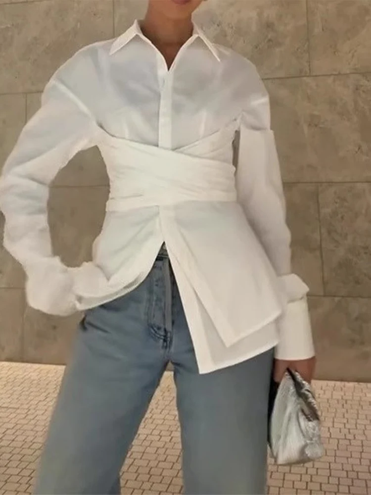 

European style new women's fashion all-match temperament solid color lace waist design fake two-piece shirt top