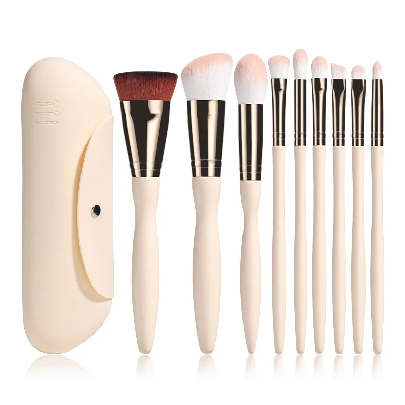 9-Piece Beige Makeup Brush Set High-Quality Synthetic Fleece Beauty Tools for Professional And Home Use
