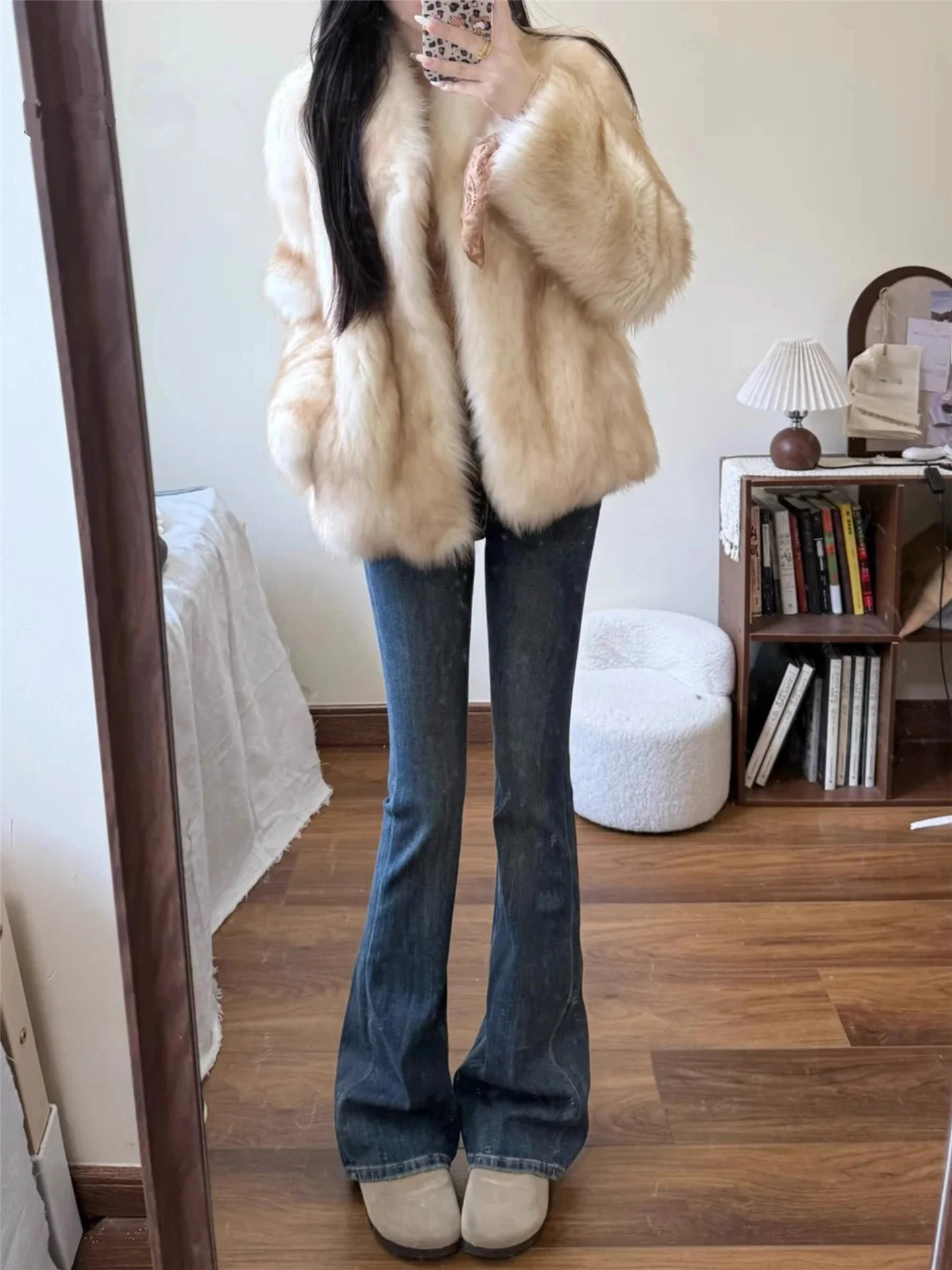 

Ретро джинсы с высокой талией и расклешенными штанинами для женщин, осенне-зимние, утепленные флисом, теплые, стройнящие, длинные прямые джинсовые брюки