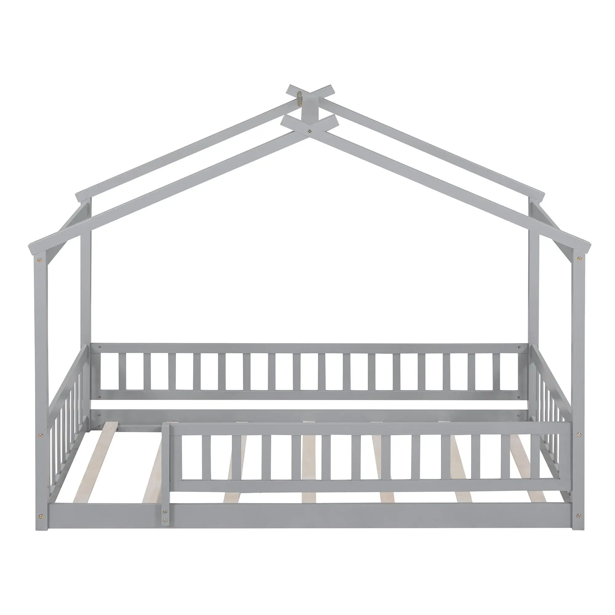 for kids Twin Wood House Bed Frame with Fence - Stylish Gray Design for Boys & Girls