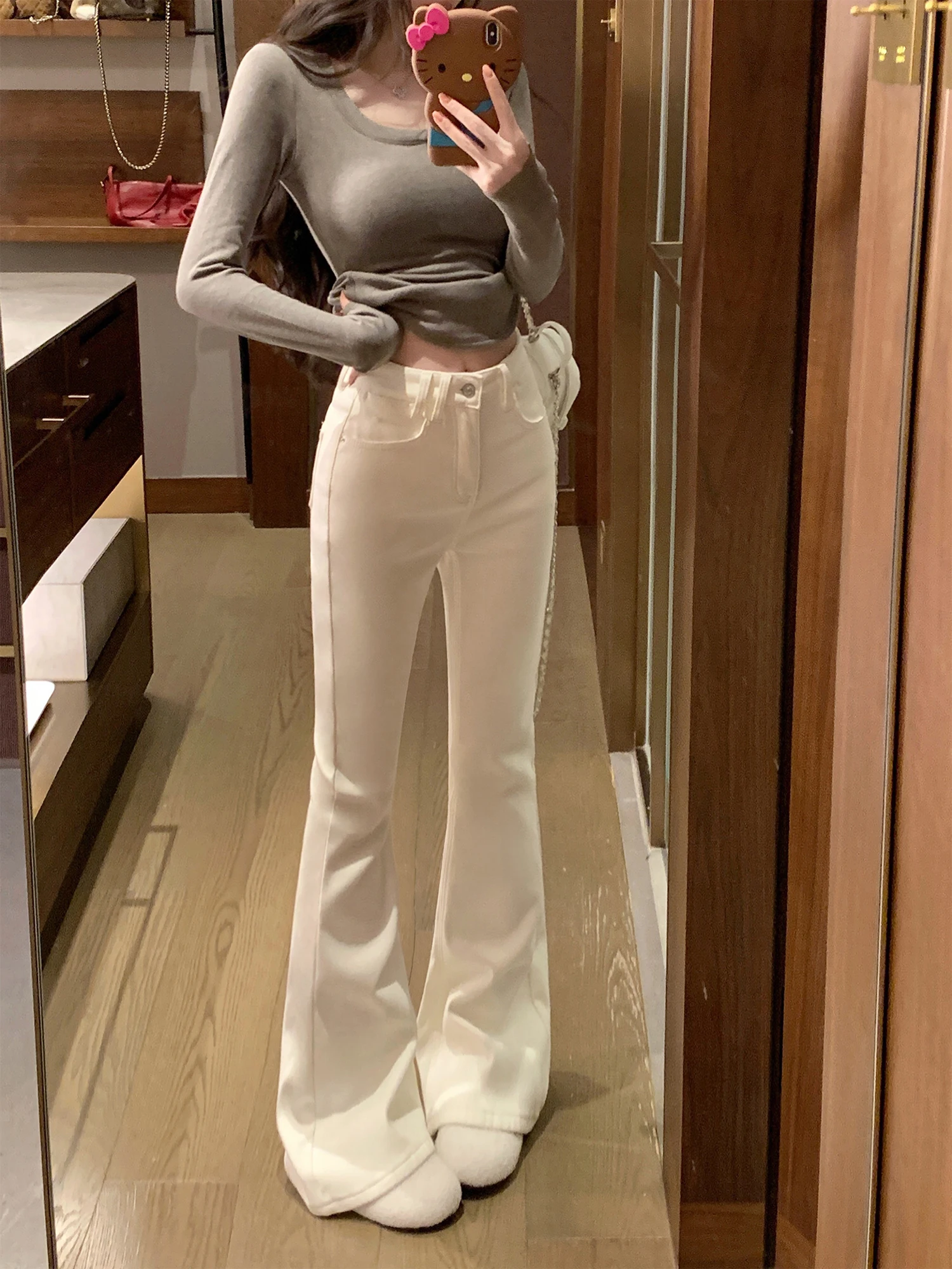 

NAYA CHAN High Waist Slimming Casual Jeans Fce Lined Bootcut Denim Pants Women's Winter Faion High Waist Cotton Blend