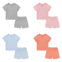 Solid Color Tops+Shorts 12M-5T Cotton Girl Pajama Sets 2 Pieces Casual Short Sleeve Boy Sets Active Summer