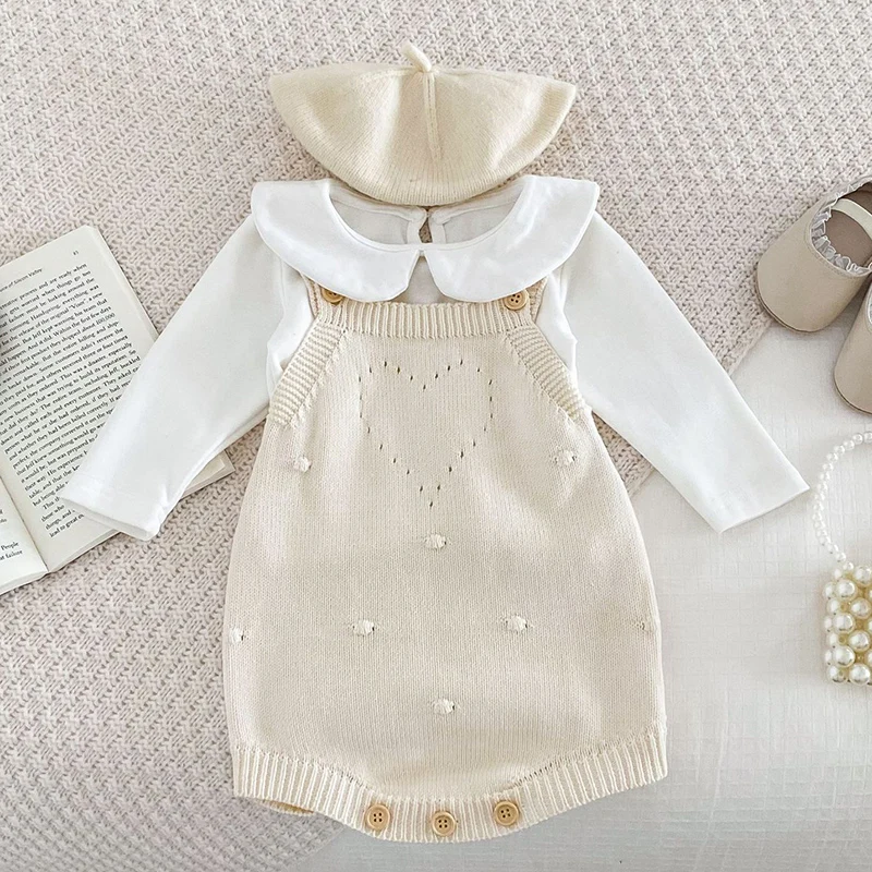 2024 New Autumn Newborn Baby Girls Clothing Set Long Sleeved Cotton T-shirt+Sleeveless Knitted Jumpsuit  Baby Girl Clothes Suit