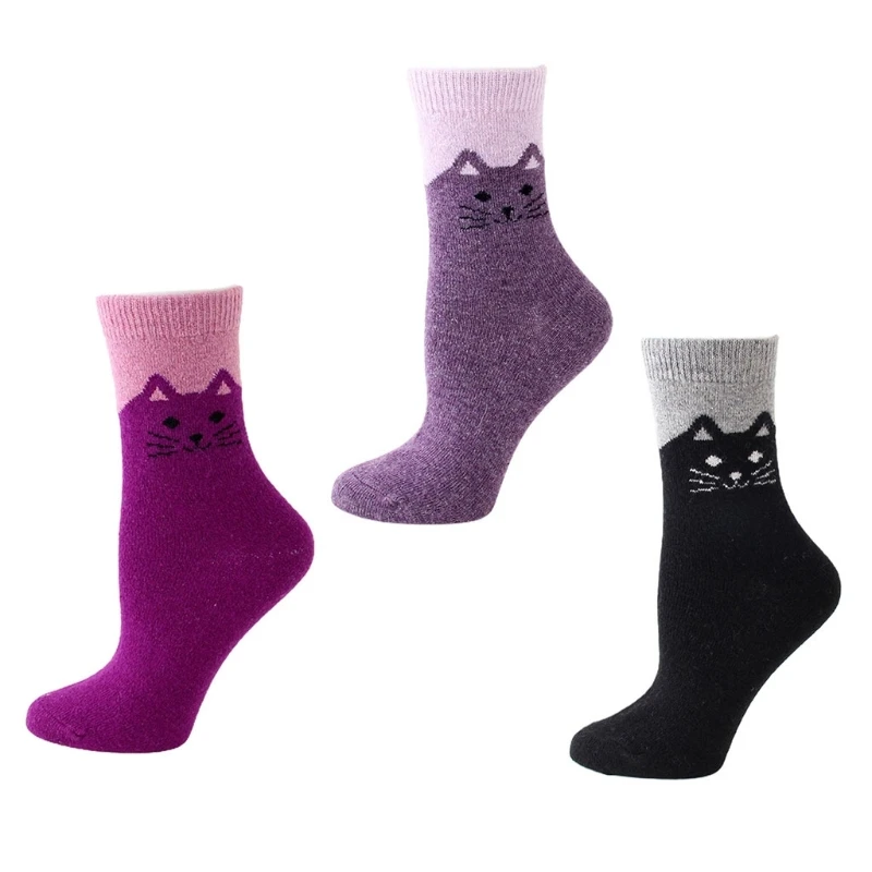 Women Winter Faux Wool Blend Socks Cartoon for Cat Print Contrast Color Knit Thickened Thermal Warm Drop Shipping