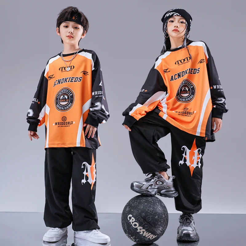 Kids Kpop Hip Hop Clothing Orange Print Sweatshirt Black Casual Cargo Pants Streetwear for Girl Boy Jazz Dance Costume Clothes