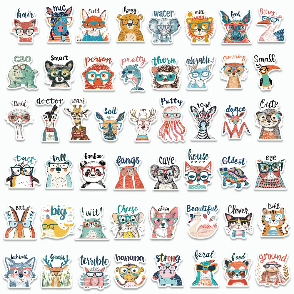 50PCS Exclamation Tone Words Stickers Cartoon Animals Decals For Laptop Luggage Water Cup Notebook Jukebox Graffiti Stickers