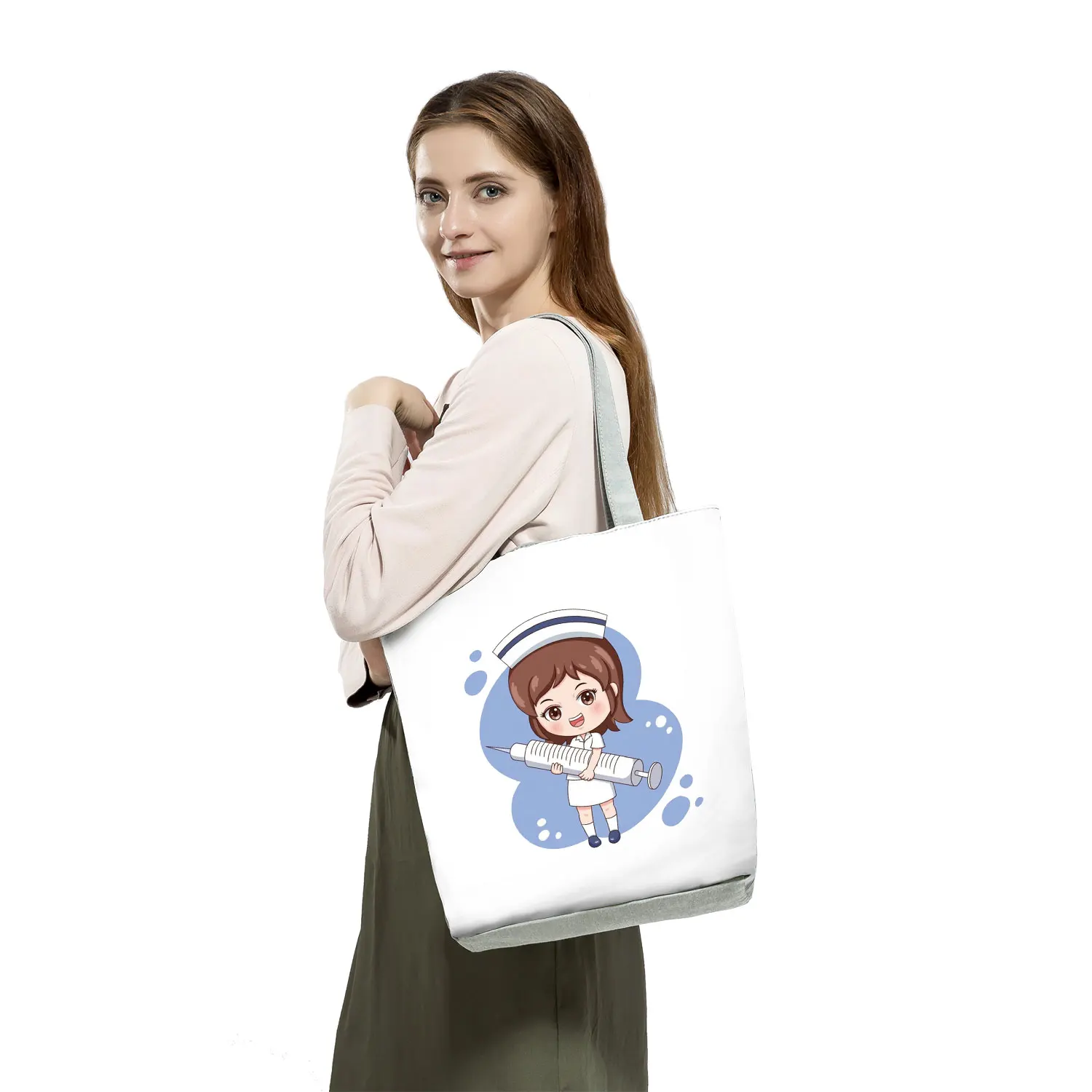 Cartoon Nurse Printed Handbags High Capacity Bags For Women Custom Dentist Doctor Pattern Logo Shoulder Bag Casual Eco Reusable