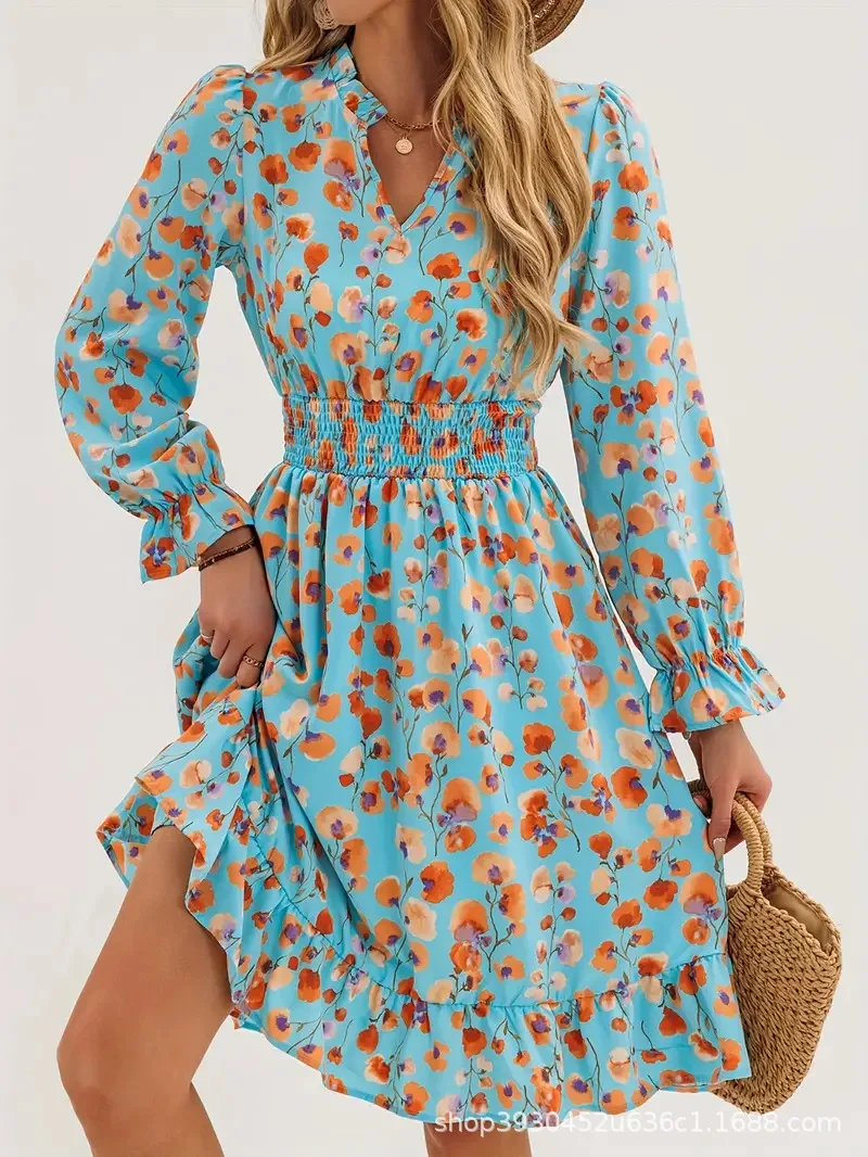 

2026 Summer New Style Floral Splicing Floral Print Long-sleeved Dress for Women