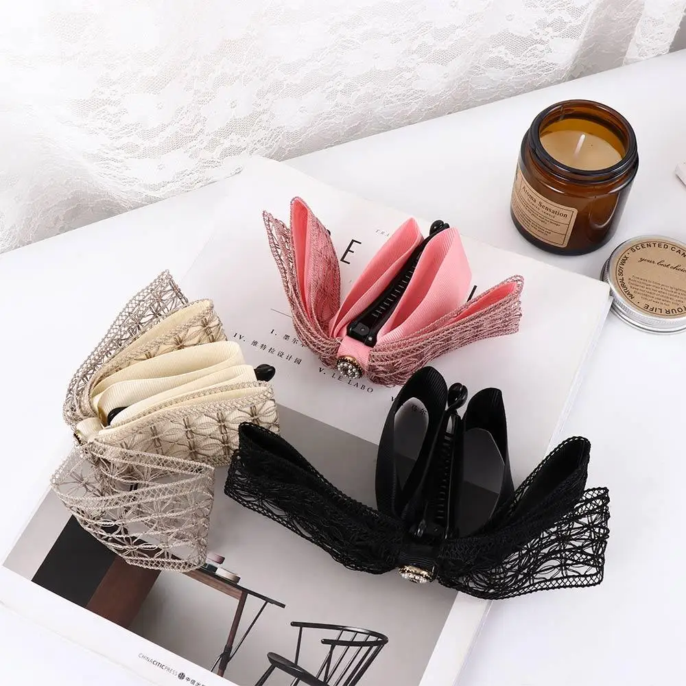 Sweet Elegant Women Pearl Hollow hair accessories vertical clip Bow Banana Clip Ponytail Clip