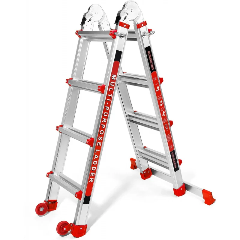 Ladder A Frame 4 Step Telescoping Ladder with Stabilizer Bar & Wheels, Heavy Duty Capacity,Collapsible Multi Position Ladder