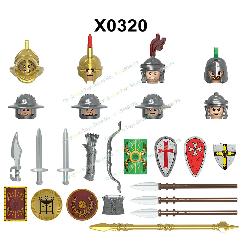 

Medieval Military Cavalry Figures Knights Accessories Helmet Shield Spear Action Figures Building Blocks Toys For Kids X0320