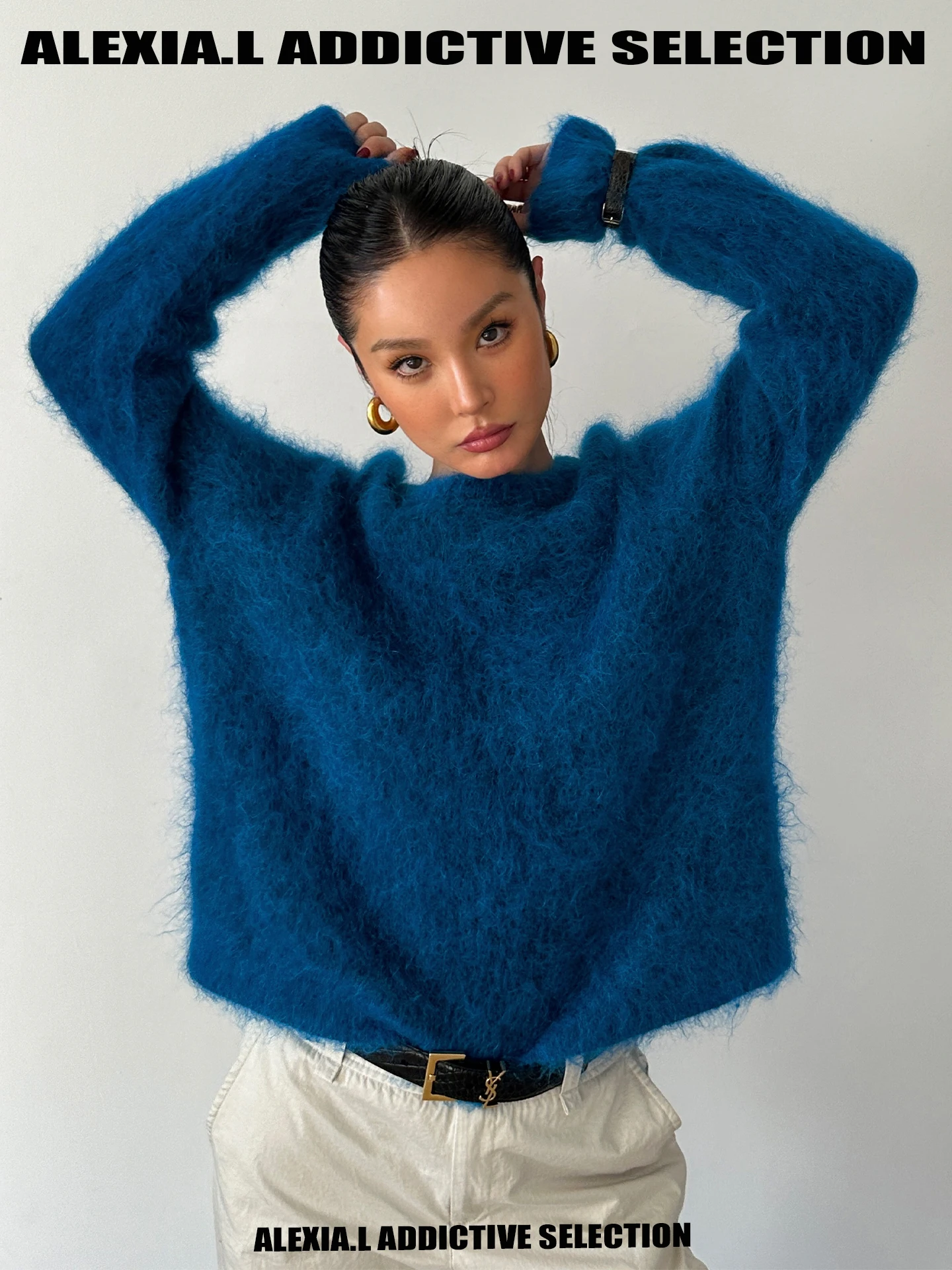 

xial French Street Sle Chic Deep Sea Blue 00% Pure Wool Long Hair Knitted round Ne Sweater for Women Warmth Heating