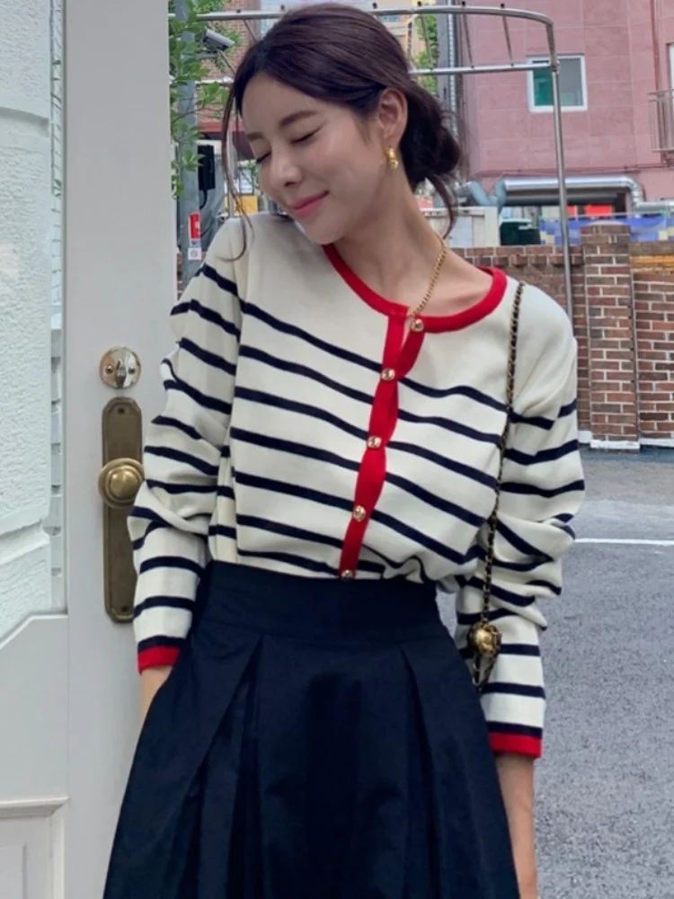Chaqueta de punto clásica Vintage otoñal e para mujer con borde de bloque de Color y ropa de abrigo a rayas de manga l...