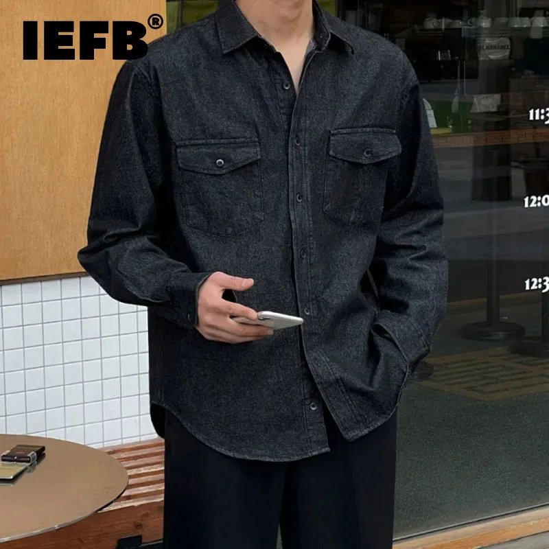 

IEFB Washed Shirt Men's Summer Loose Korean Trend Turn-donw Collar Long Sleeve Pocket Single Breasted Male Clothing 9C5015