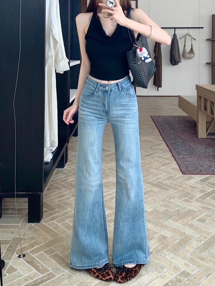 

Retro Style Blue Faded Embroidered Denim Jeans High Waist Wide Leg Pants Spring Season Women's Fashion Casual High Street