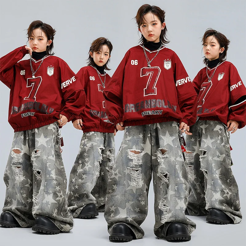 الهيب هوب بنين الجاز ملابس الرقص الأطفال أداء زي المدرسة عرض المرحلة الزي الشارع Dancewear السراويل الفضفاضة القمم الحمراء 3055 #1