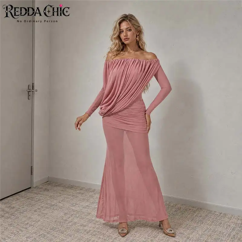 REDDACHiC Gathering Off-shoulder Party Dress Women Coquette Elegant Mesh Flowy Long Sleeve Maxi Bodycon Prom Evening Costume