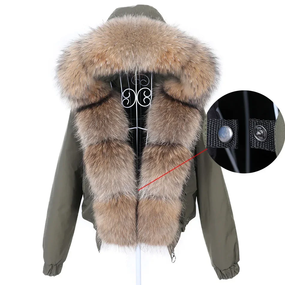 MAOMAOKONG 2024 Fashion Short Women\'s Real Fox Fur Coat Natural Big Raccoon Fur Collar Winter Parka Bomber Jacket Waterproof