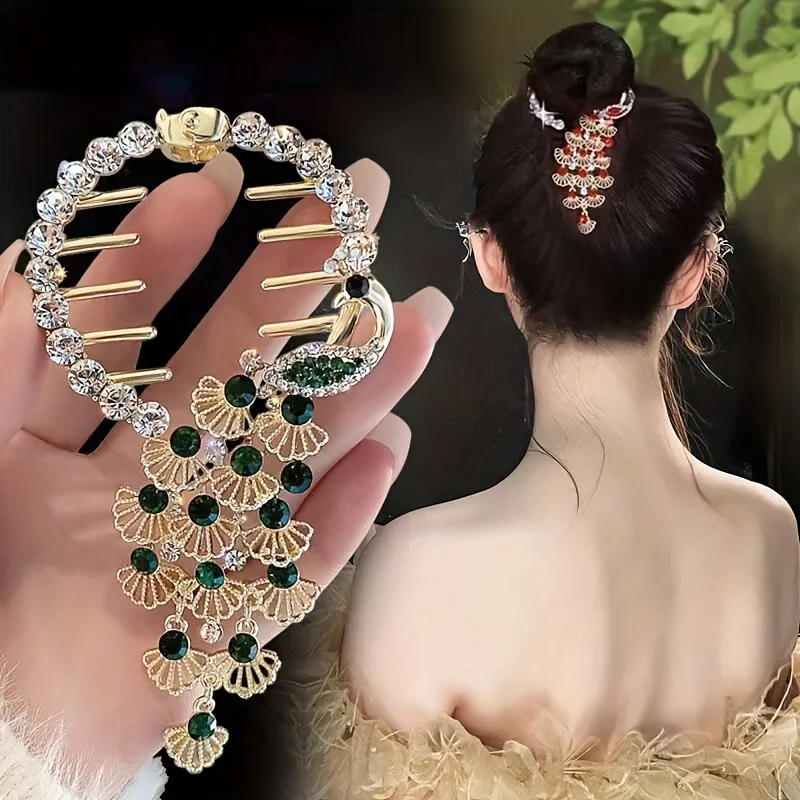 

Exquisite Rhinestone Hair Claw Clip Ball Head Peacock Crystal Hairpin Elegant Ponytail Buckle Holder Hair Accessory