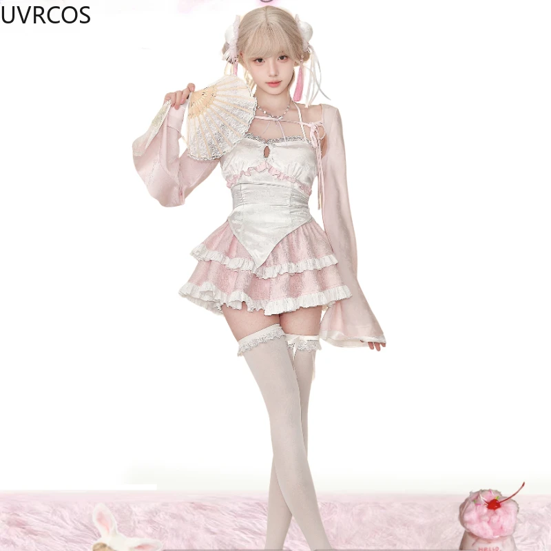 Pink Sweet Lolita Style Skirt Set Women Cute Short Cardigan Ruffles Chic Mini Cake Skirts Suits Female Korean Kawaii Y2k Outfit