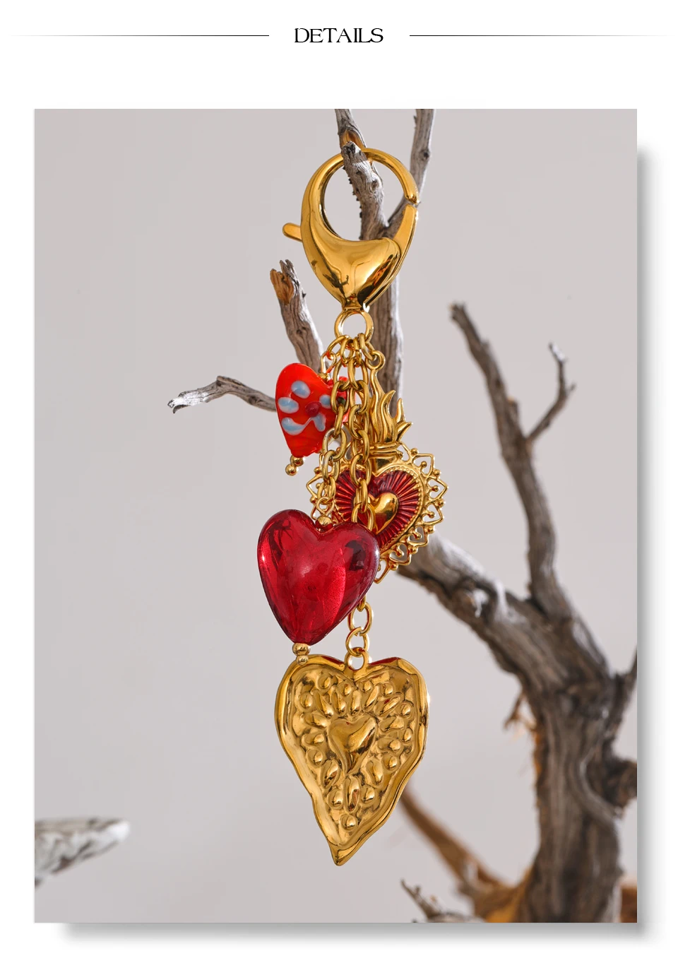 Yhpup Süßer Romantischer Roter Keramik-Glas-Herzanhänger Schlüsselanhänger 18K Vergoldeter Edelstahl Sommer-Rucksack Exklusiver Schlüsselring – Detail 6
