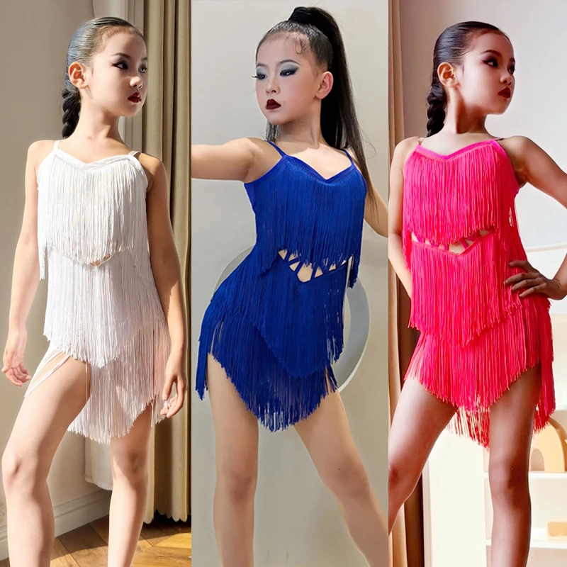 

Full Fringe Latin Dresses Girls Summer Sling Blue Dress Cha Cha Samba Dancing Outfit Kids Dance Performance Costume White 3644
