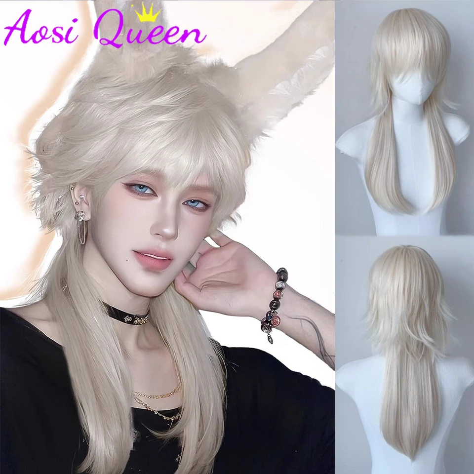 Platinum Long Straight Hair Synthetic Wolf Tail Wig Mullet Head Unisex Cos Can Tie Warrior Head Daily Role Play Heat Resistant