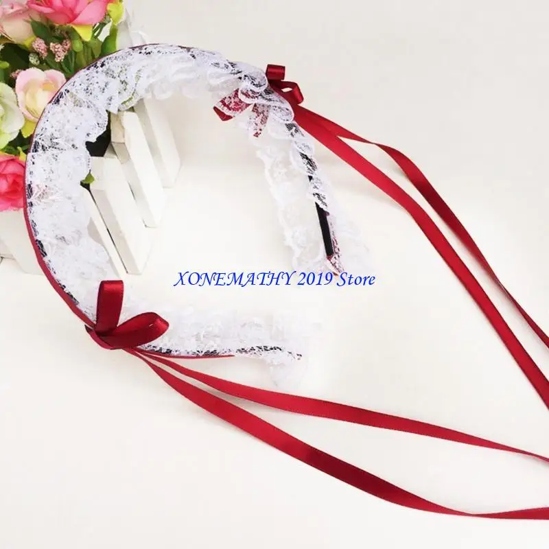 

F42F Lovely Sweet Hairband Anime Maid Cosplay Headband Ruffled Lace Headwear Handmade Ribbon Bowknot Hair Accessory
