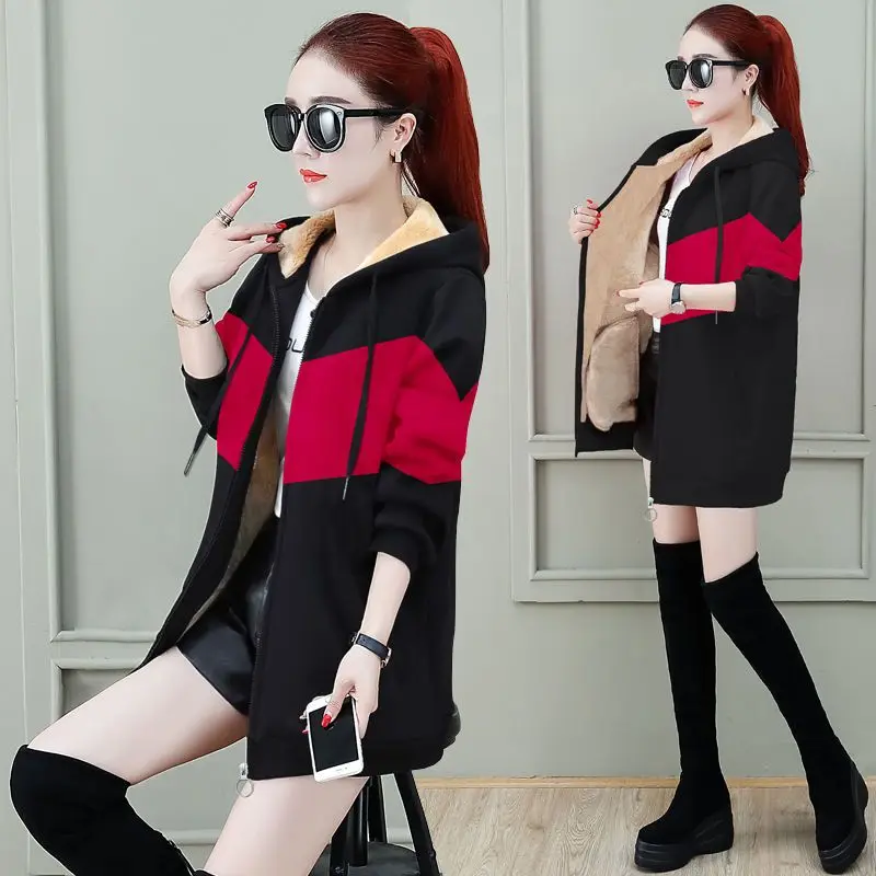 Lamb Fleece Hoodie for Women in Winter Mid to Long Style with Added Fleece New Style Hooded Loose Korean Cardigan Jacket Trendy